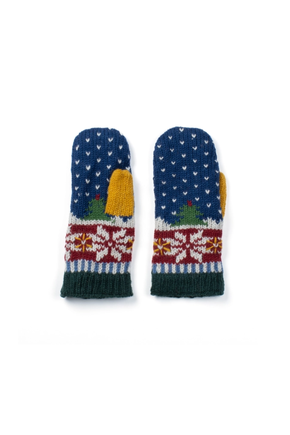 Pair of blue mittens with festive pattern on a white background