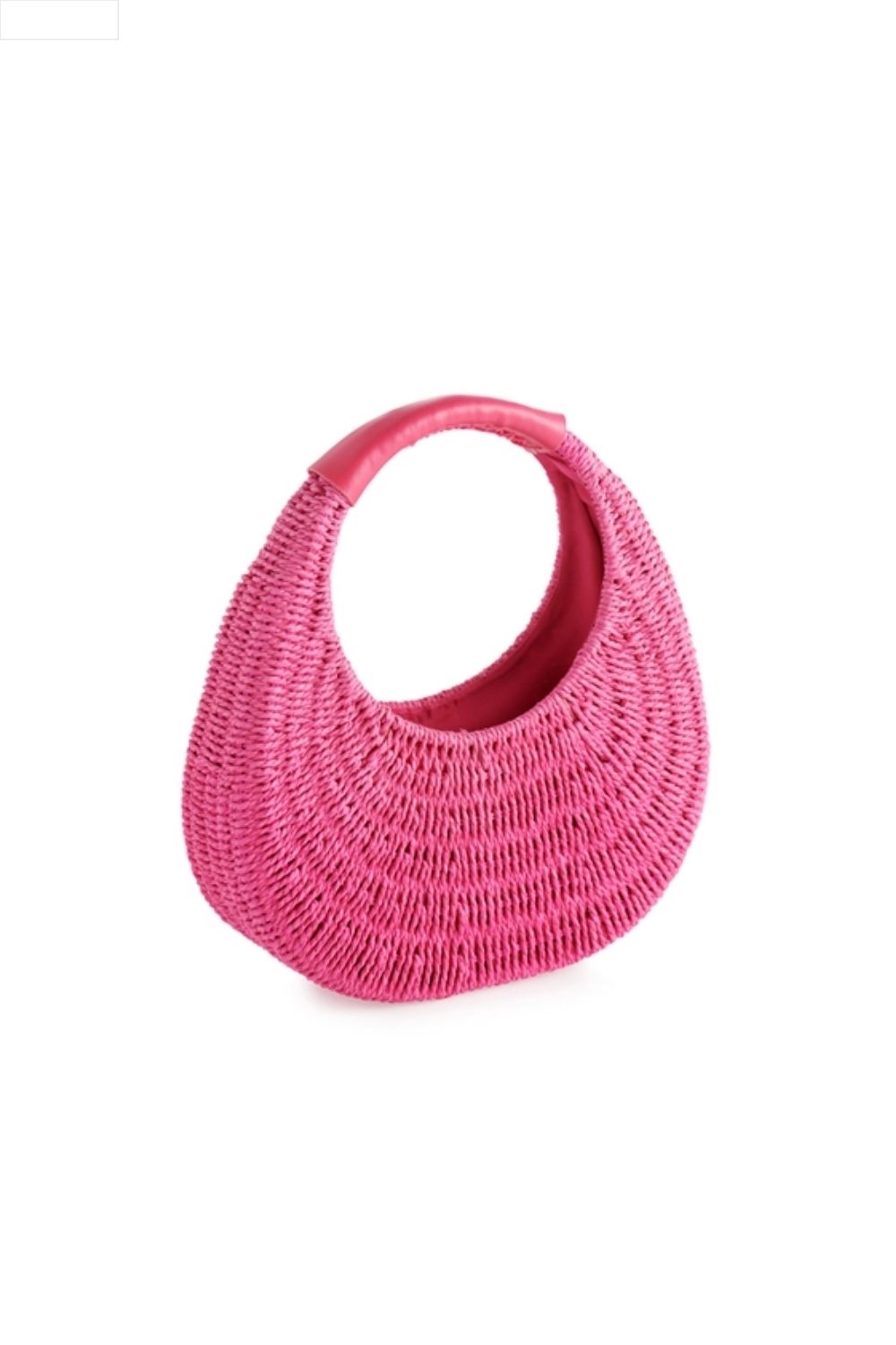Pink woven handbag on a white background