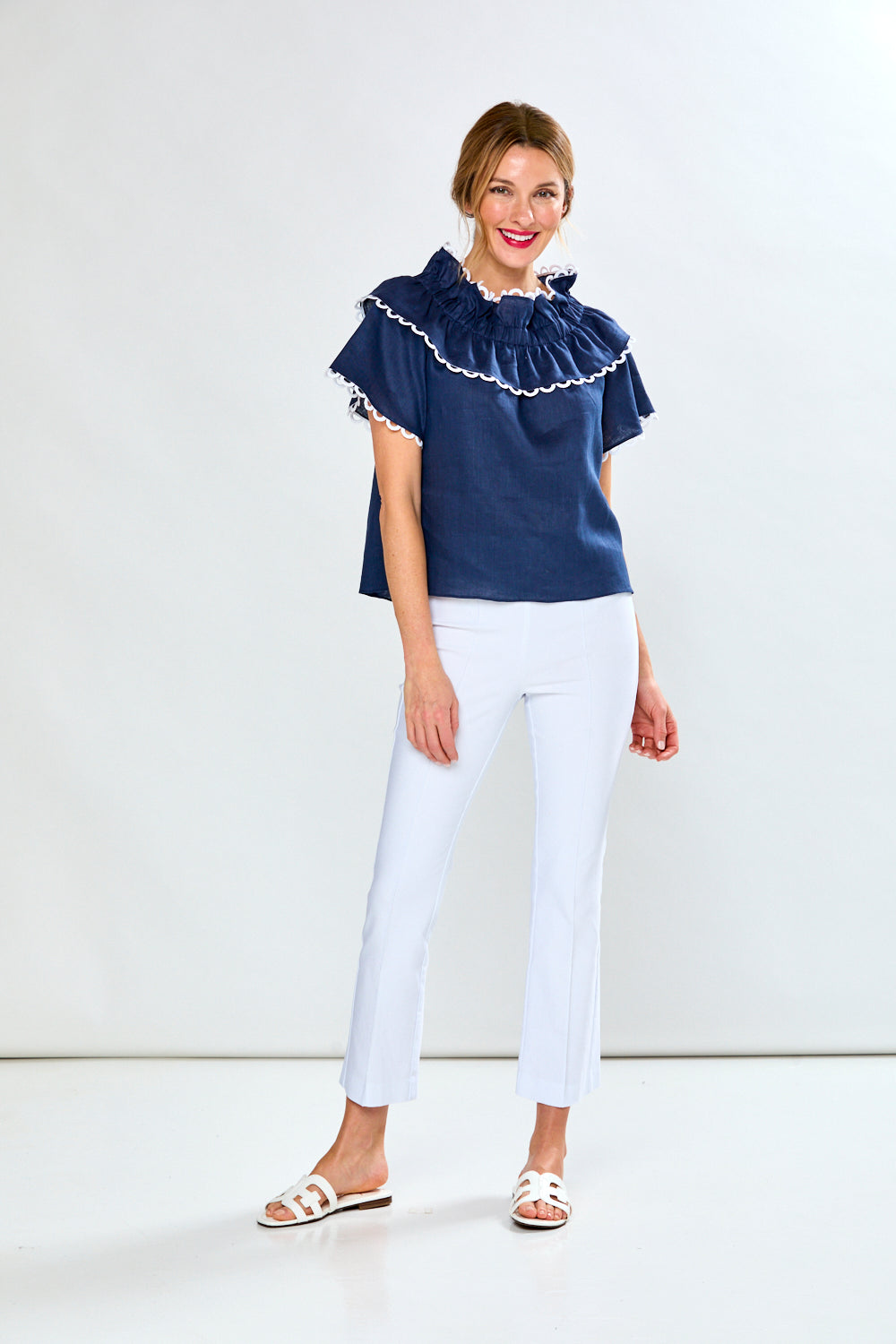 Woman in navy linen blouse