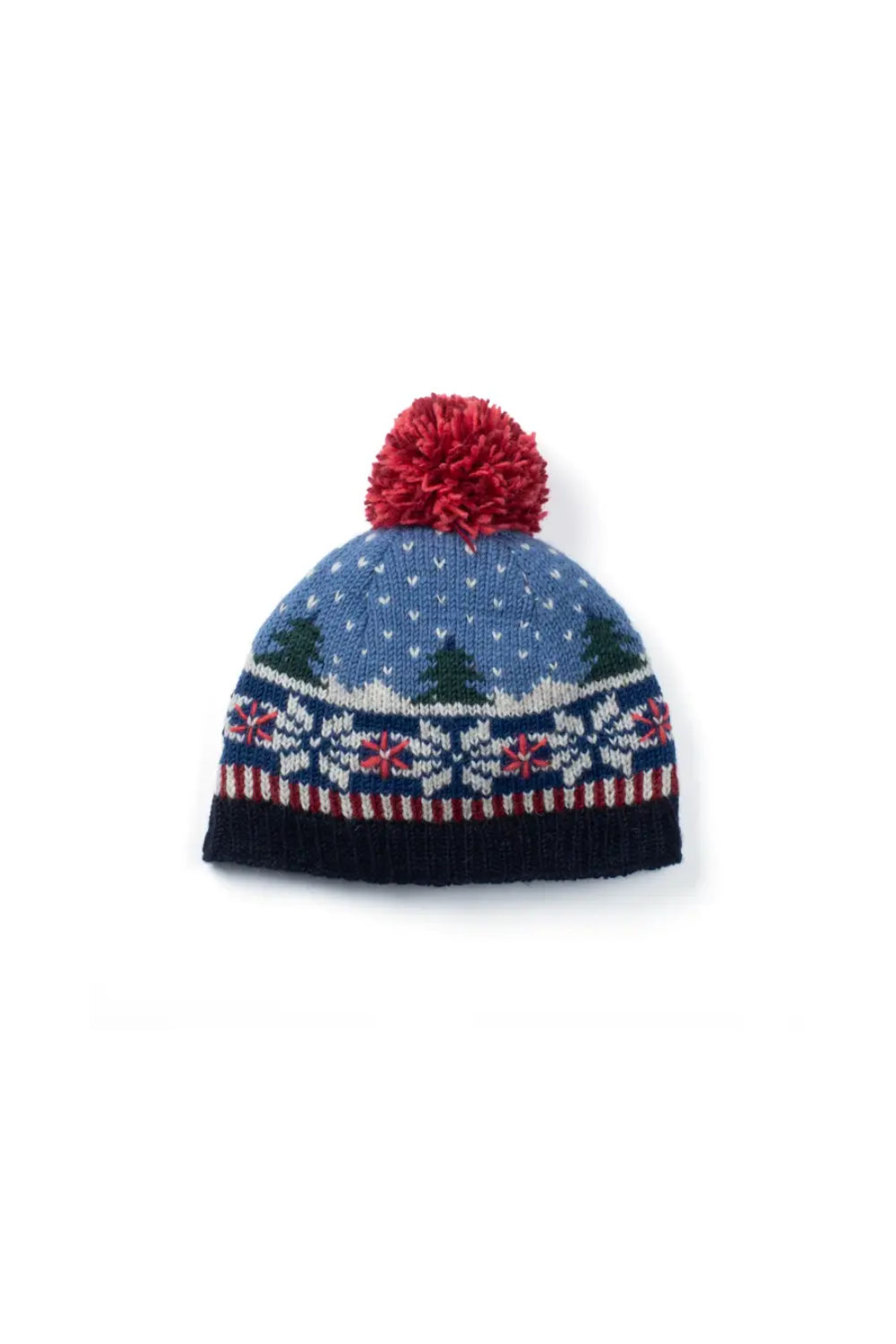Knitted beanie with a red pom-pom on a white background