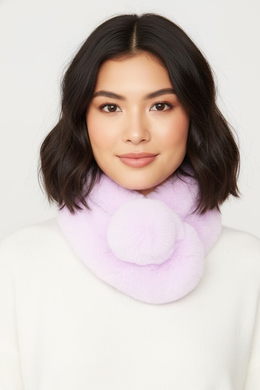Woman wearing a light purple scarf on a white background