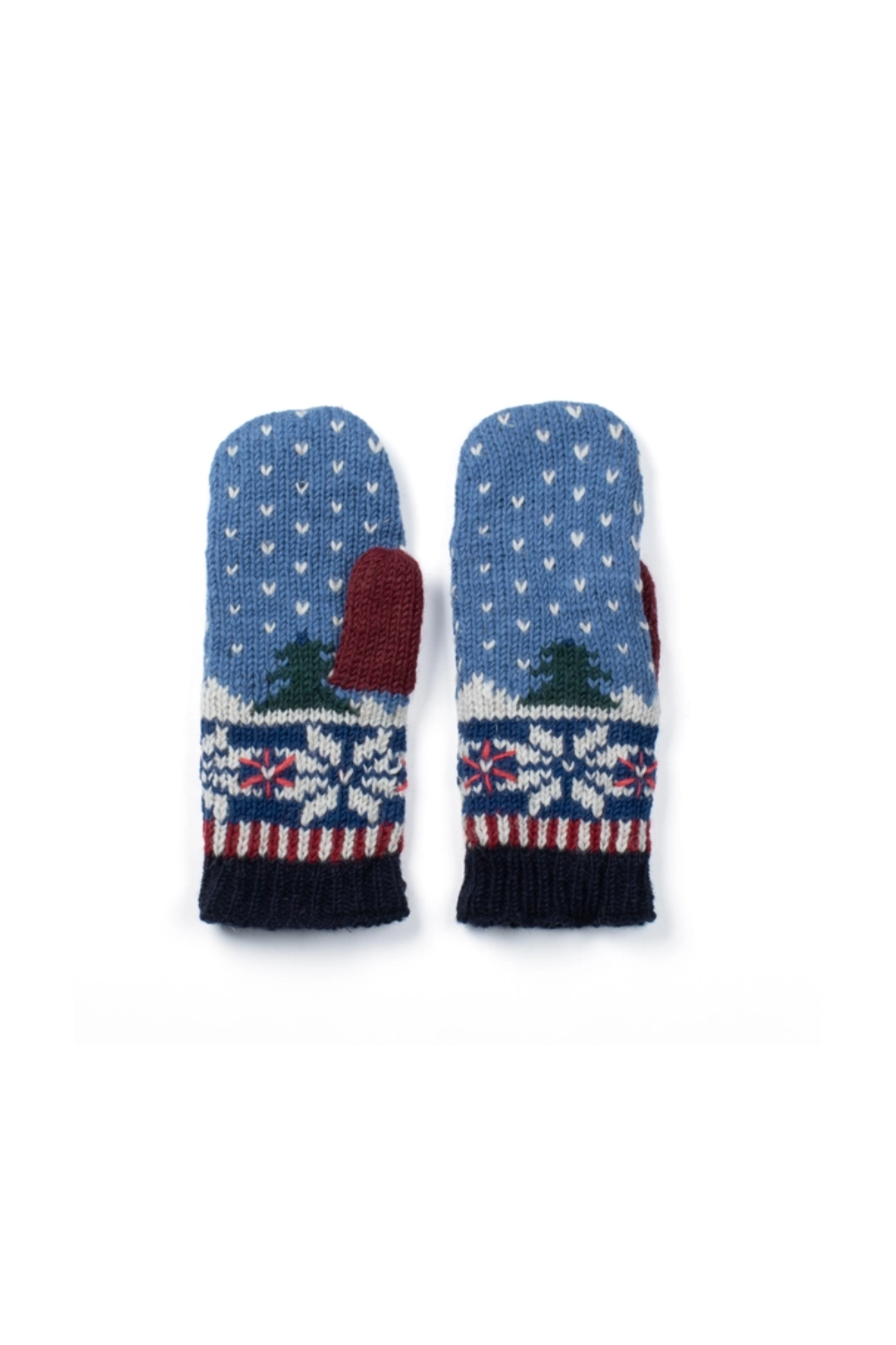Pair of blue mittens with festive pattern on a white background