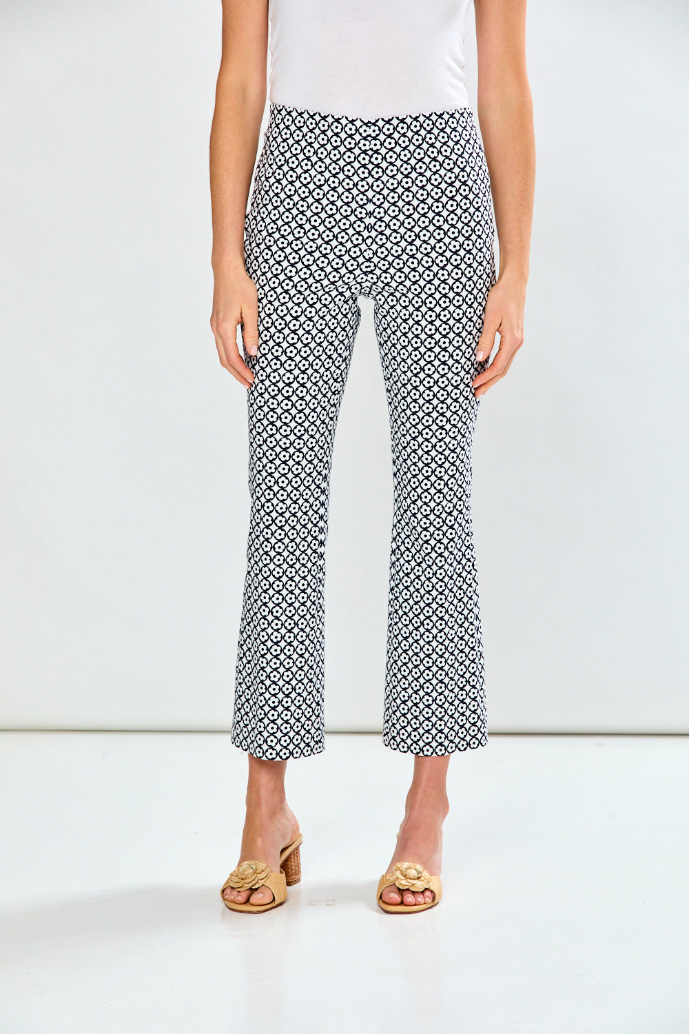 Woman in floral circle pants