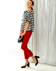 Woman in check silk dupioni top
