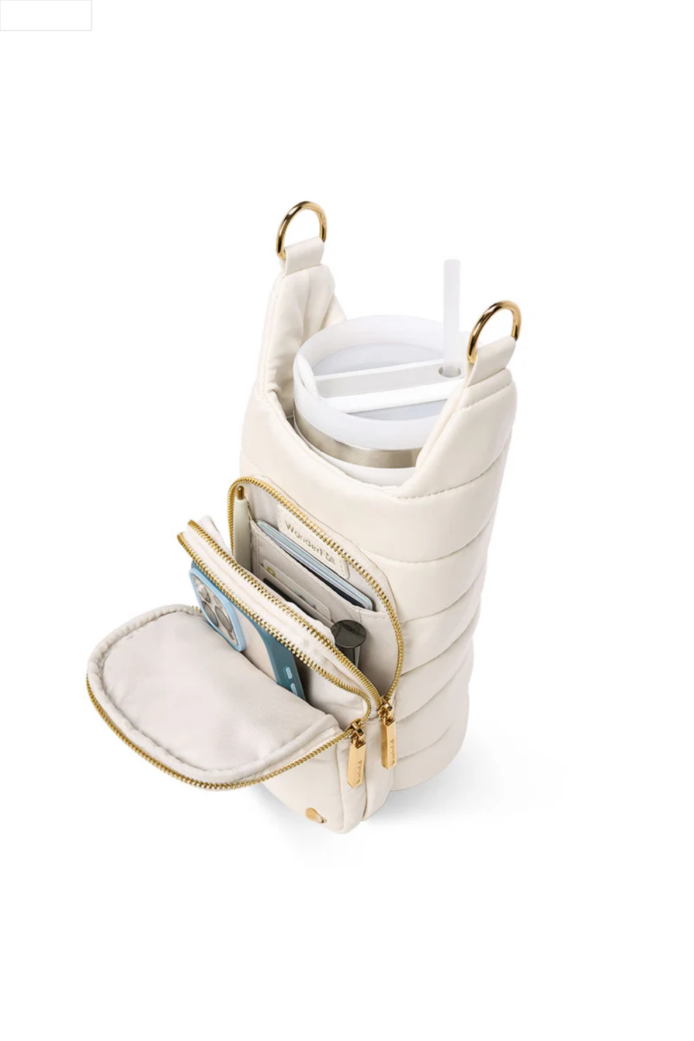 Ivory leather crossbody water bottle bag with gold chain detail on a white background