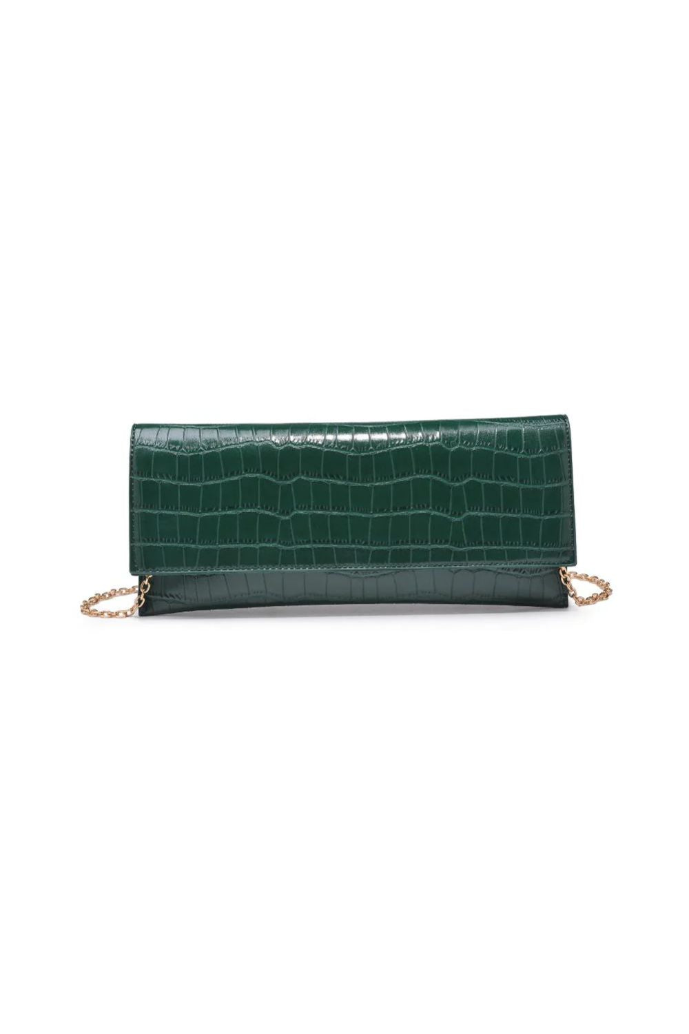 Green crocodile-patterned clutch bag on a white background