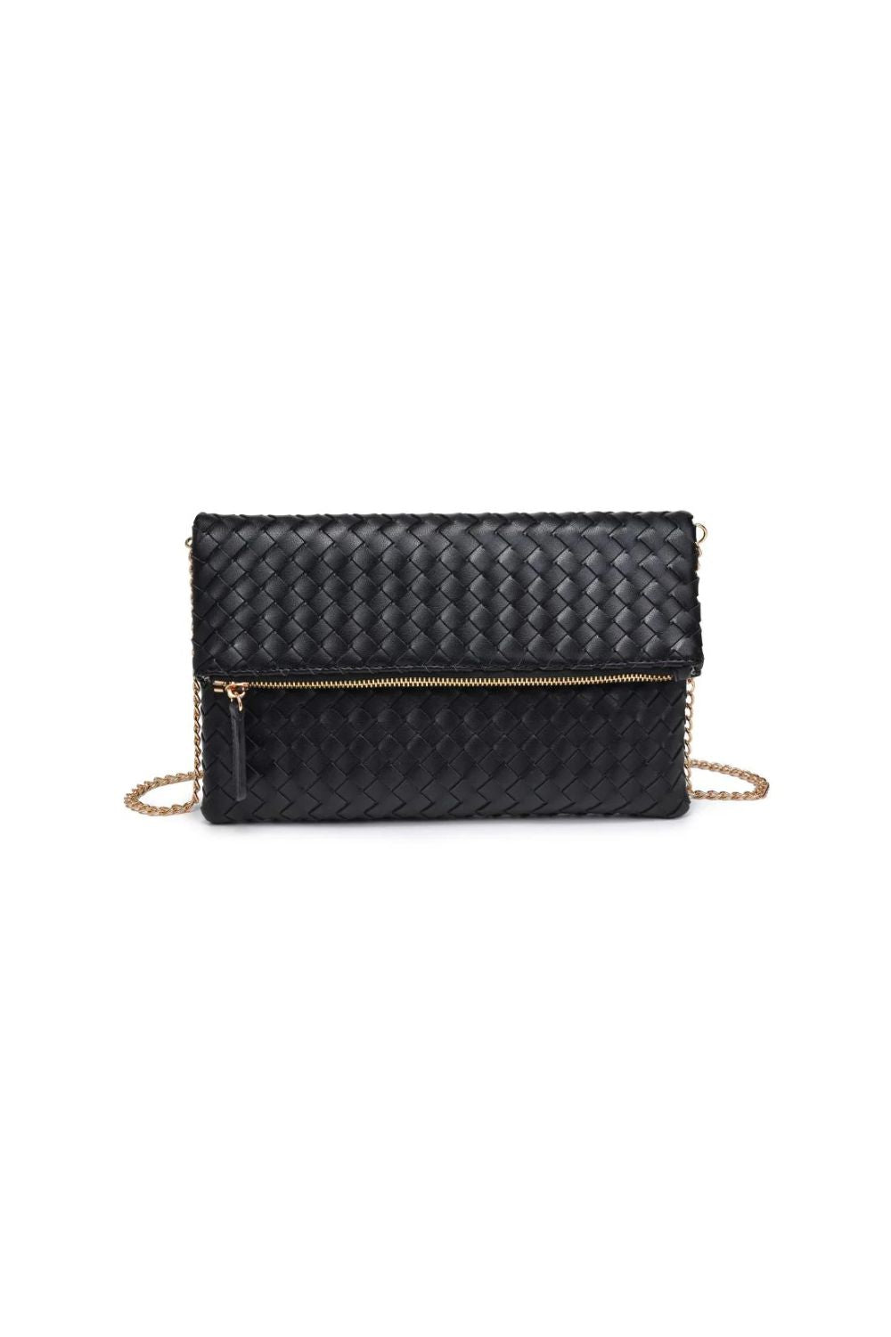Black woven clutch bag with gold chain on a white background
