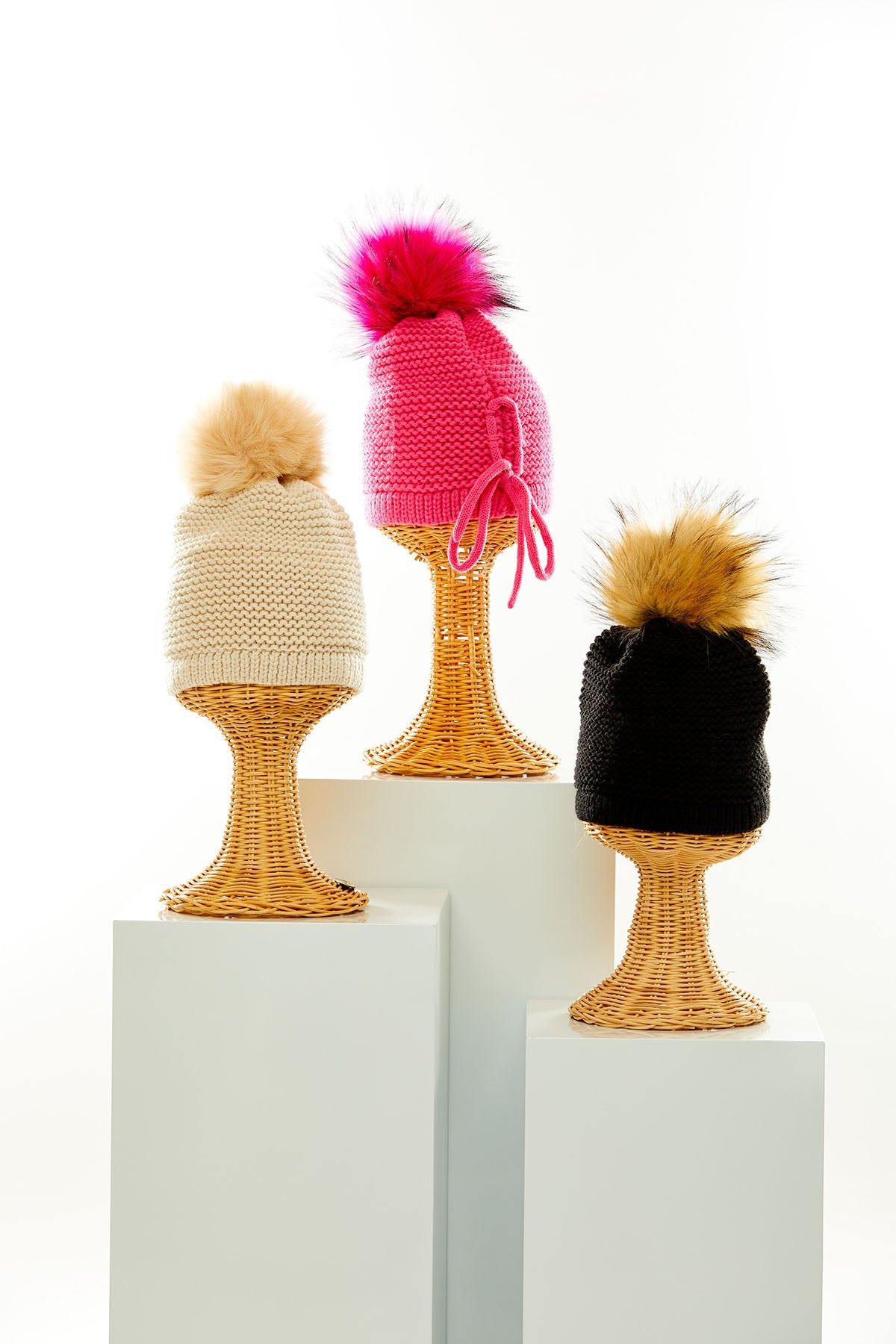 Cream, fuchsia, and black icon beanie