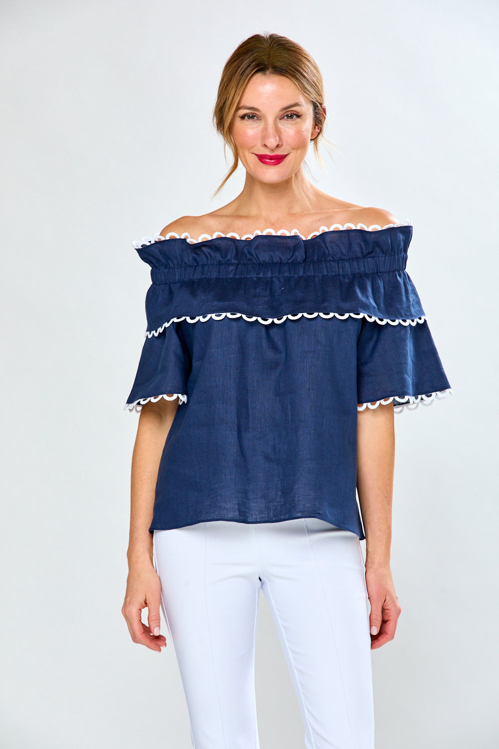 Woman in navy linen blouse