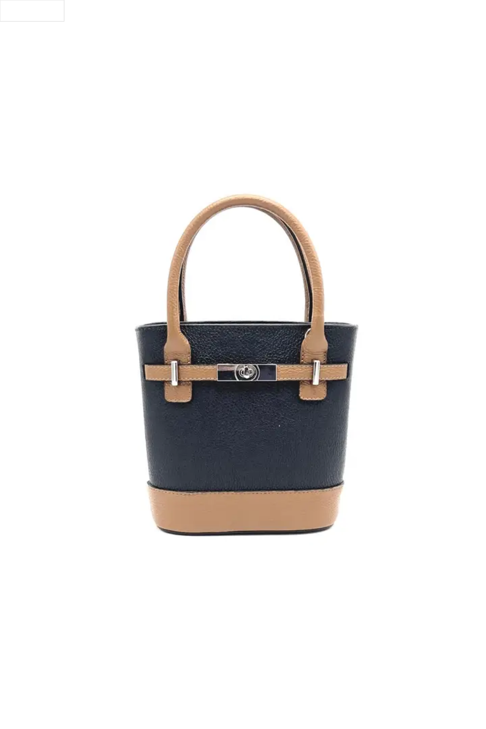 Navy and beige handbag on a white background