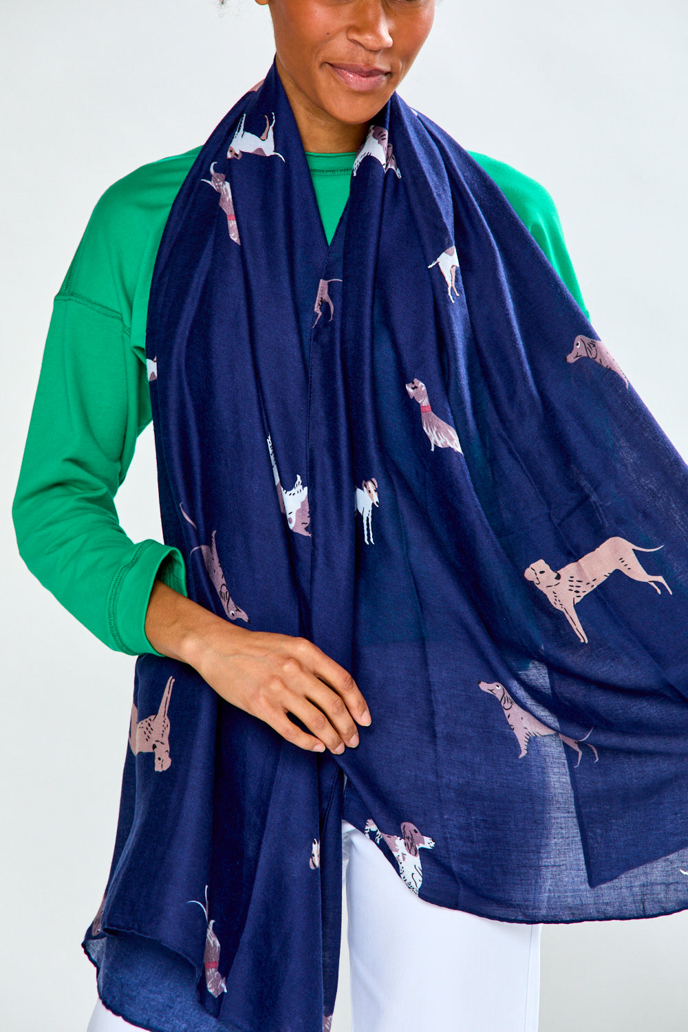 Woman in navy dog scarf