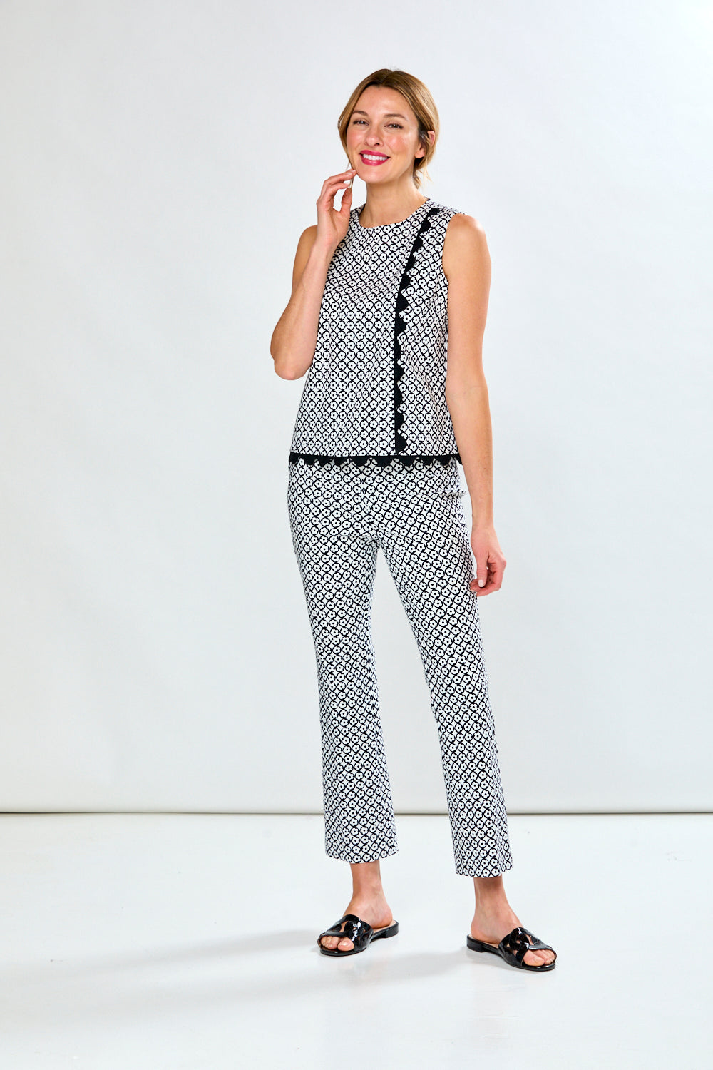 Woman in floral circle pants