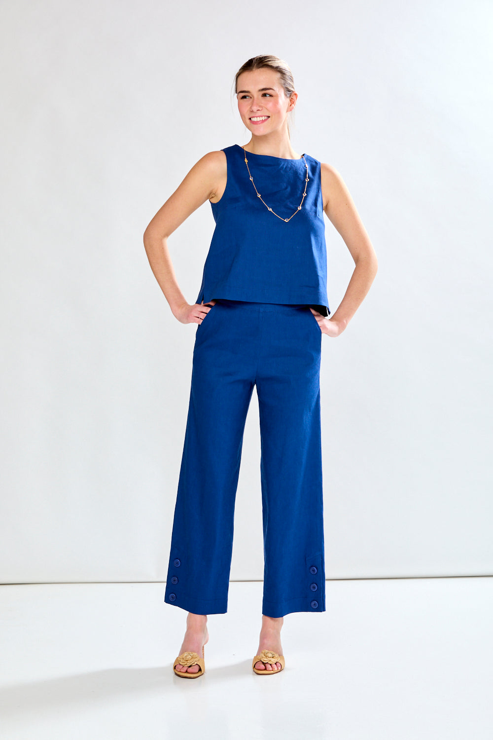 Woman in admiral blue pants