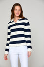 Woman in striped mock neck sweater