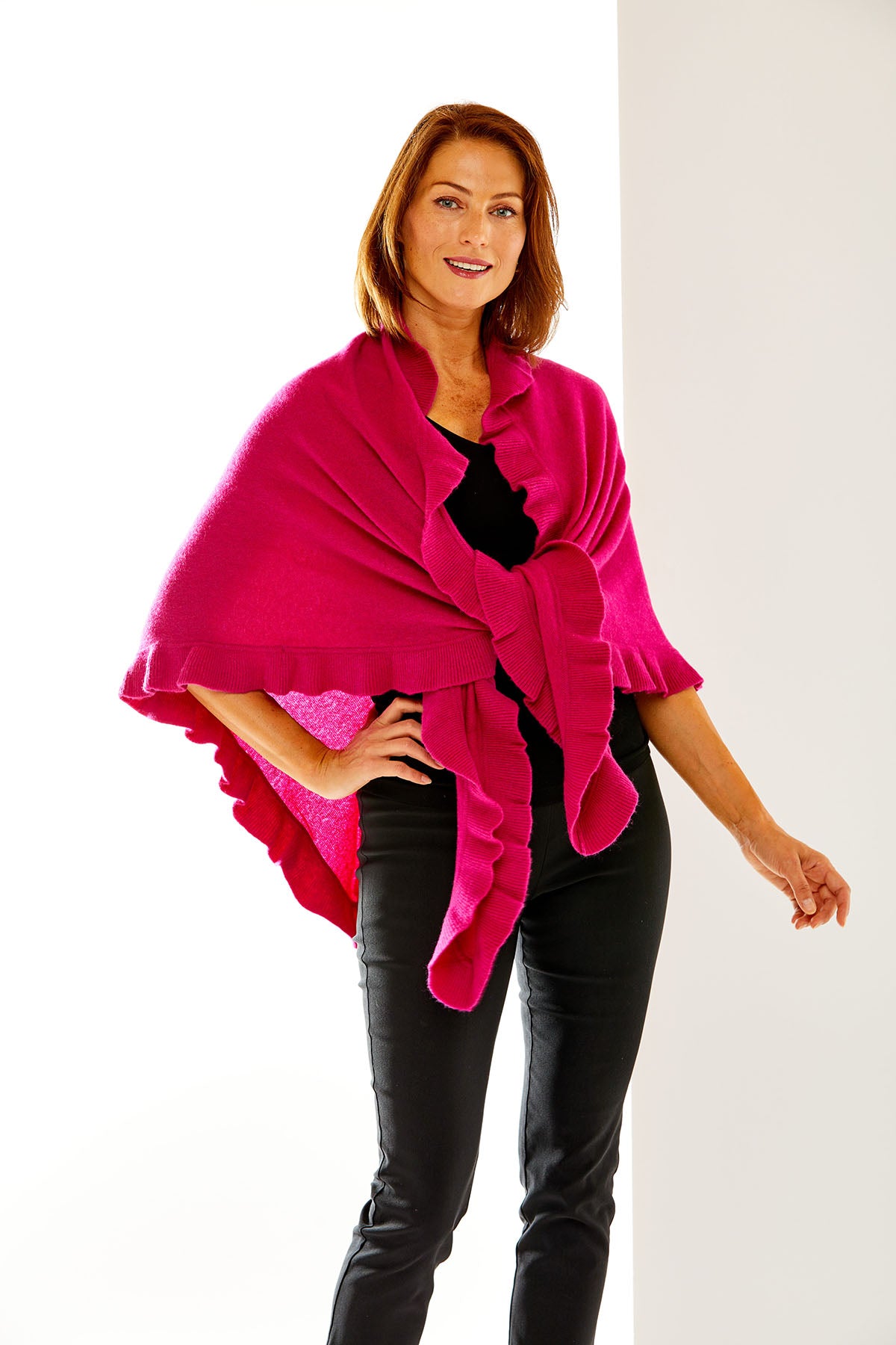 Boysenberry cashmere wrap with ruffle edge. Perfect for everyday wear and as a cocktail attire accessory