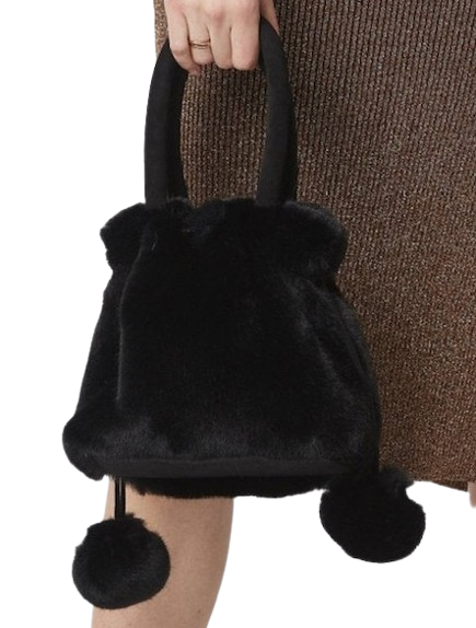 Black faux fur handbag with pom-pom details