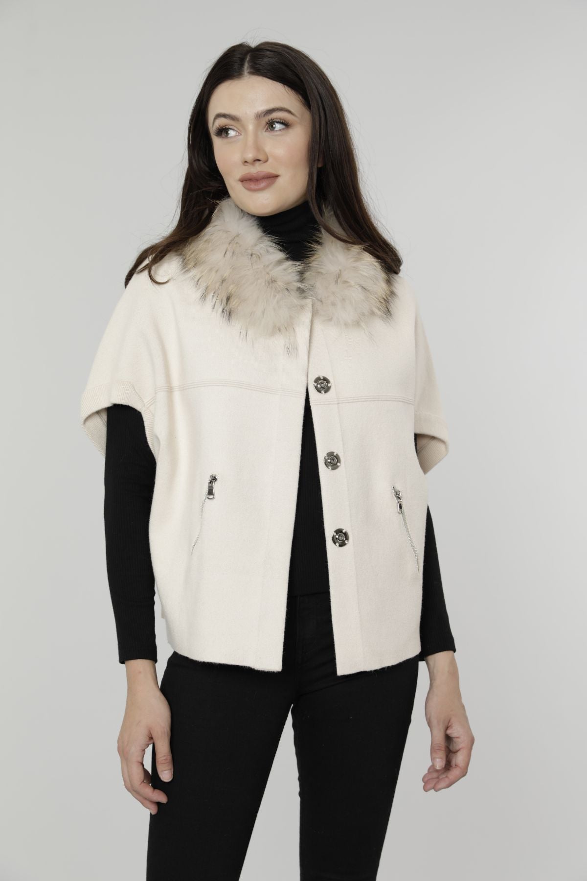 Woman in creme/chestnut faux fur sweater