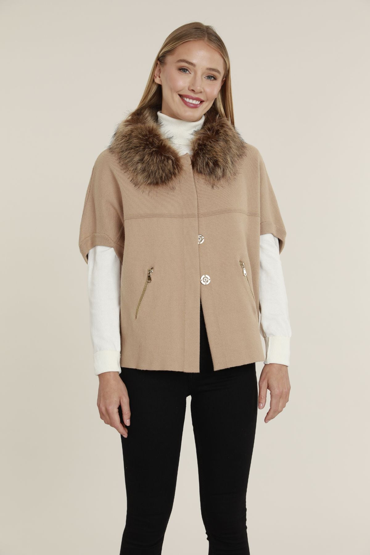 Woman in camel/chestnut faux fur sweater