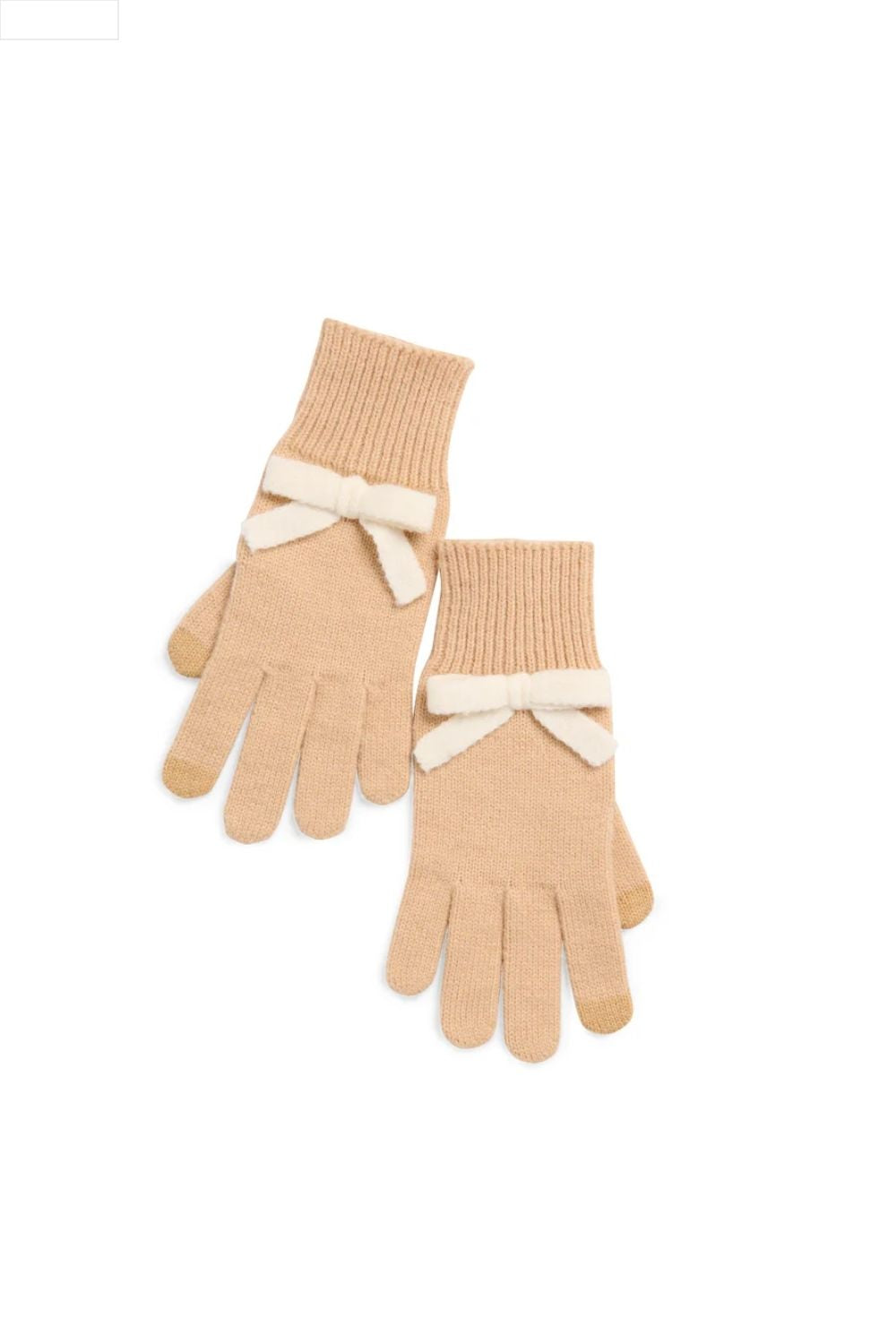 Pair of beige gloves with white bows on a white background