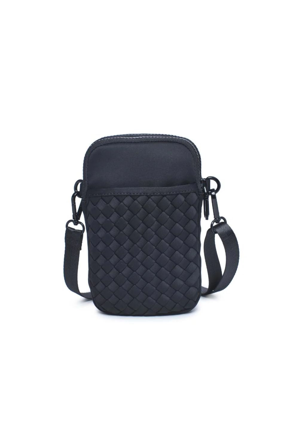 Black quilted crossbody bag on a white background