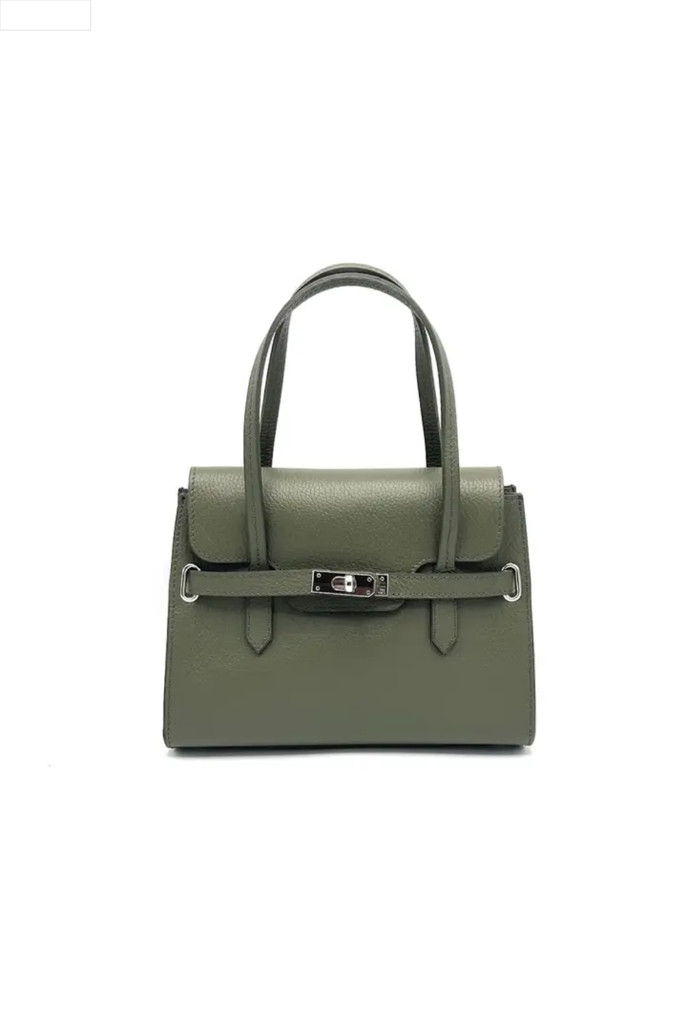 Olive handbag with a silver clasp on a white background