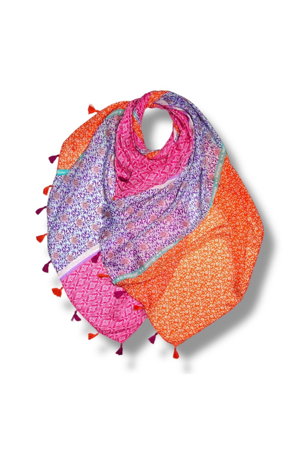 Vibrant Multicolor Floral Scarf With Tassels