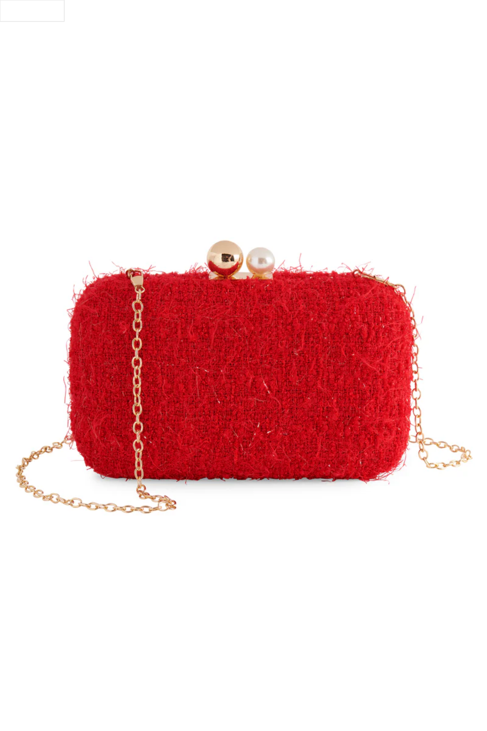 Red clutch against a white background