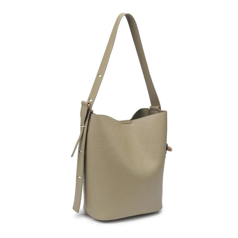 Beige handbag with a strap on a white background
