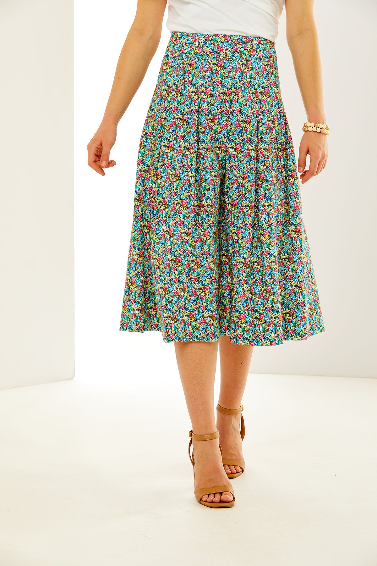 Woman in floral midi skirt