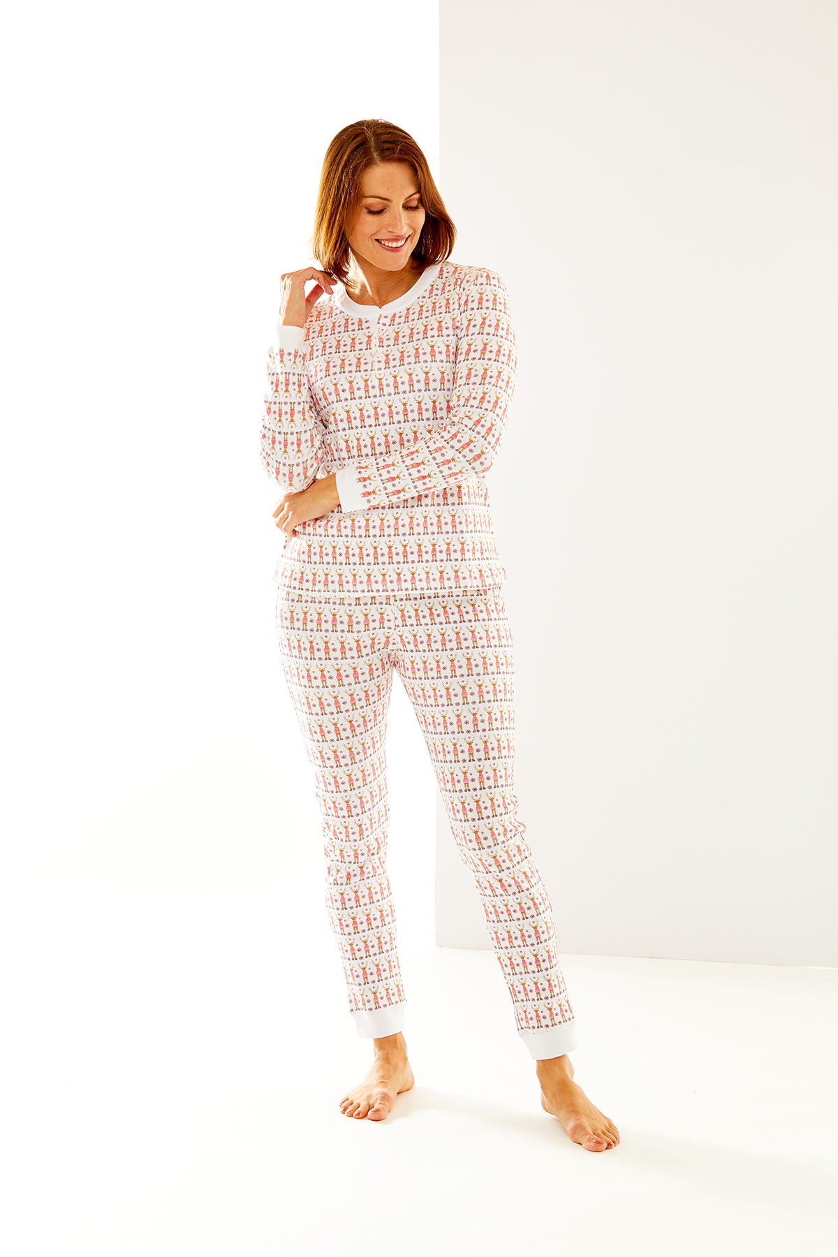 Woman in long pajama set