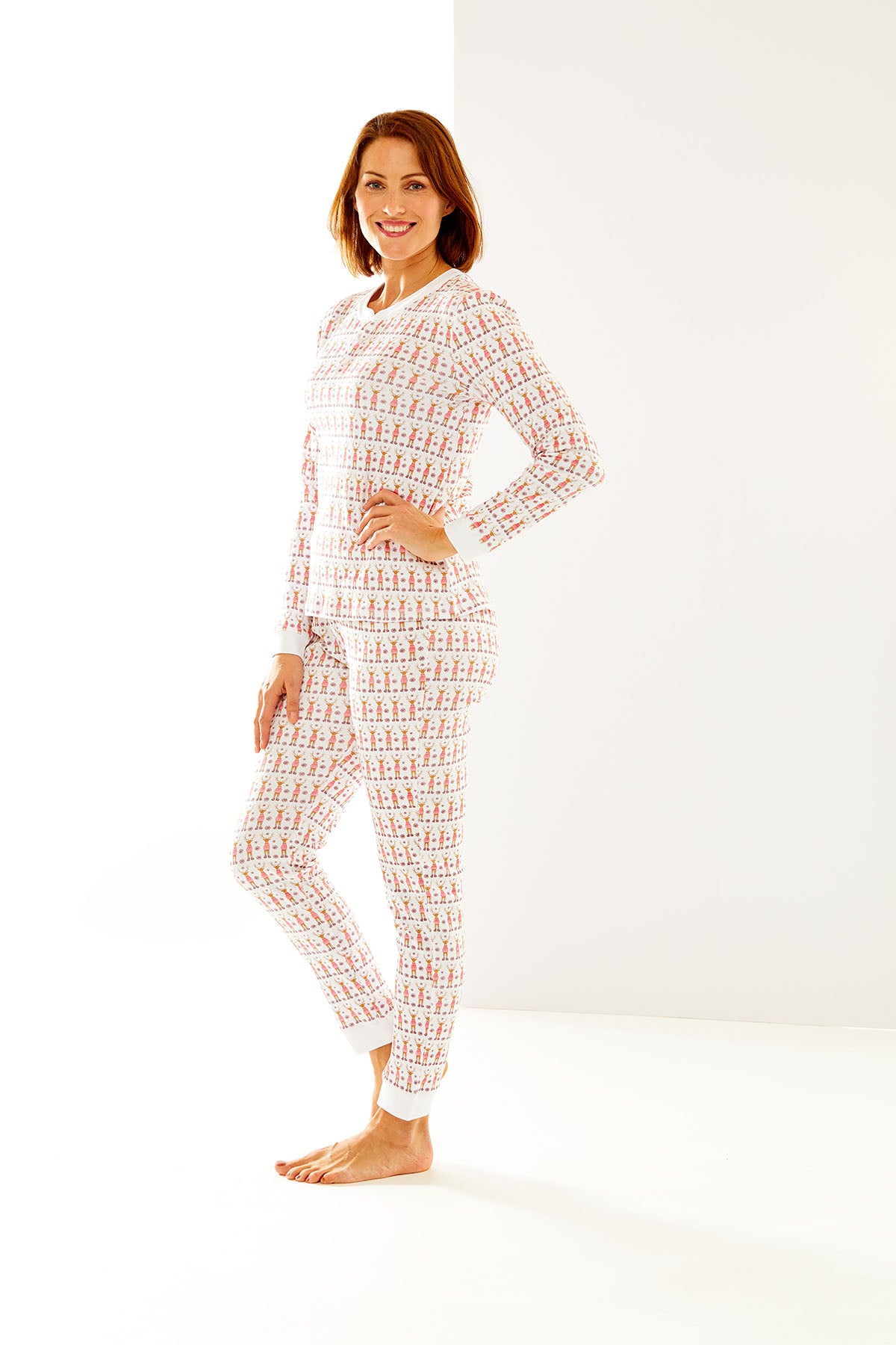 Woman in long pajama set