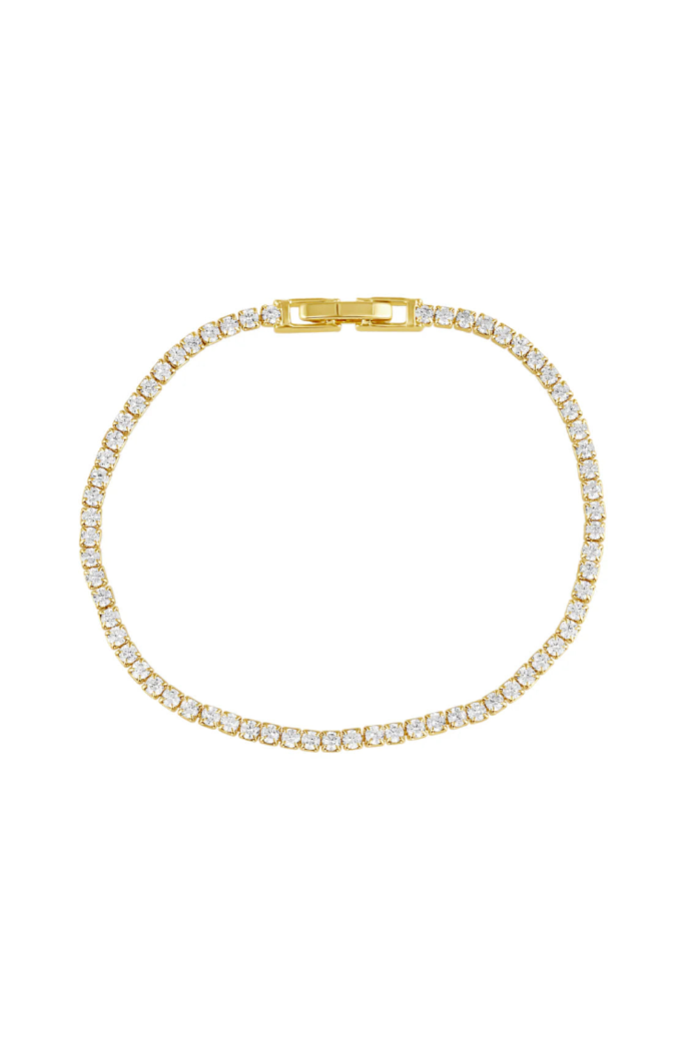 Gold bracelet with clear stones on a white background