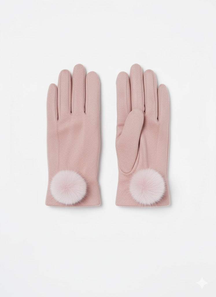 Pink gloves with a fur pom