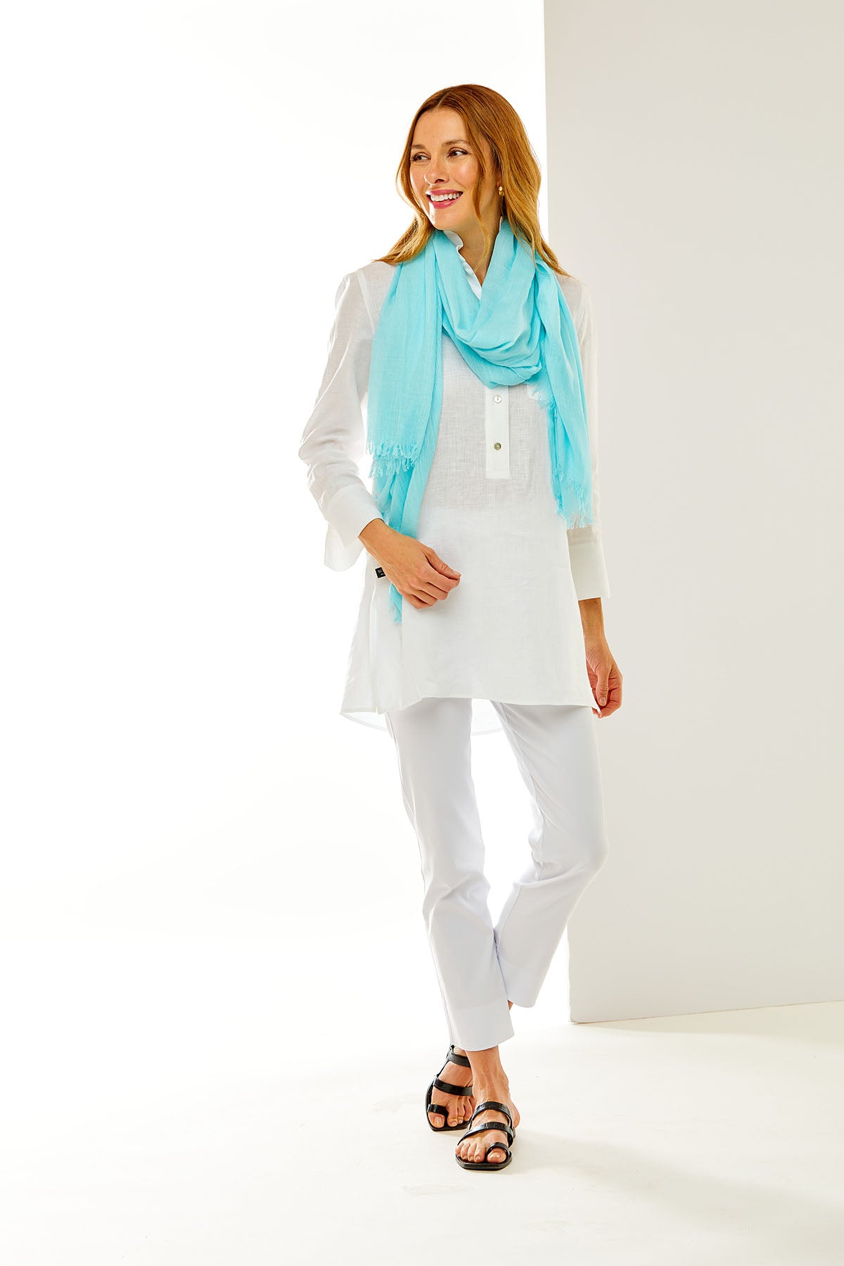 Woman in blue scarf