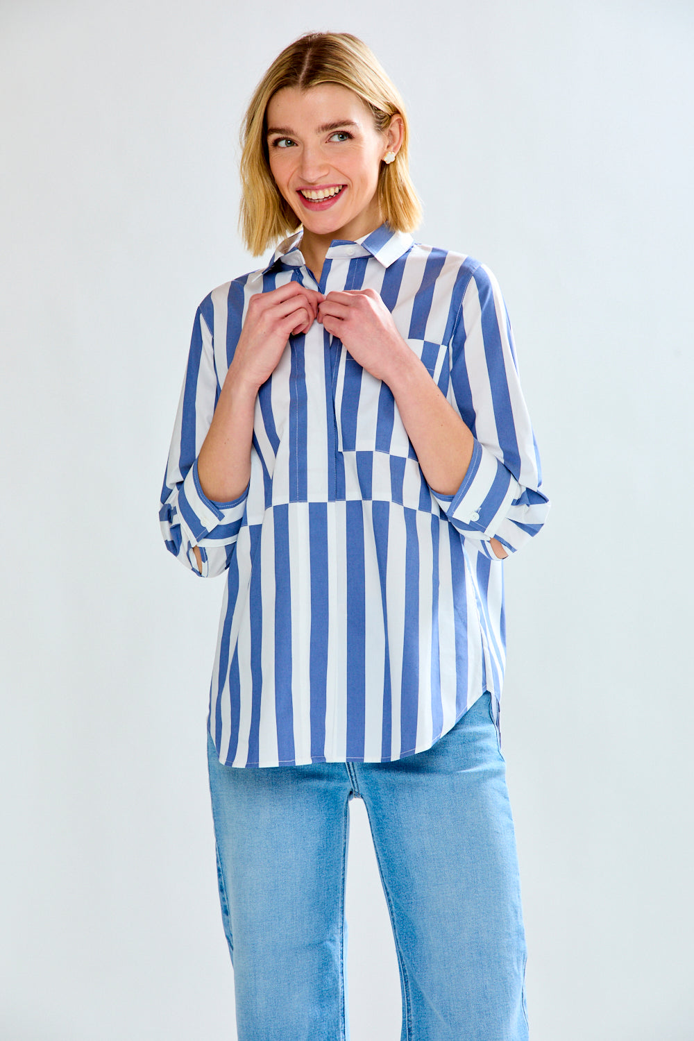 Woman in blue striped shirt