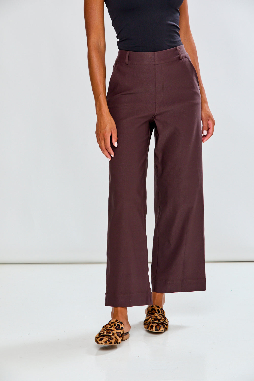 Woman in espresso wide leg pant