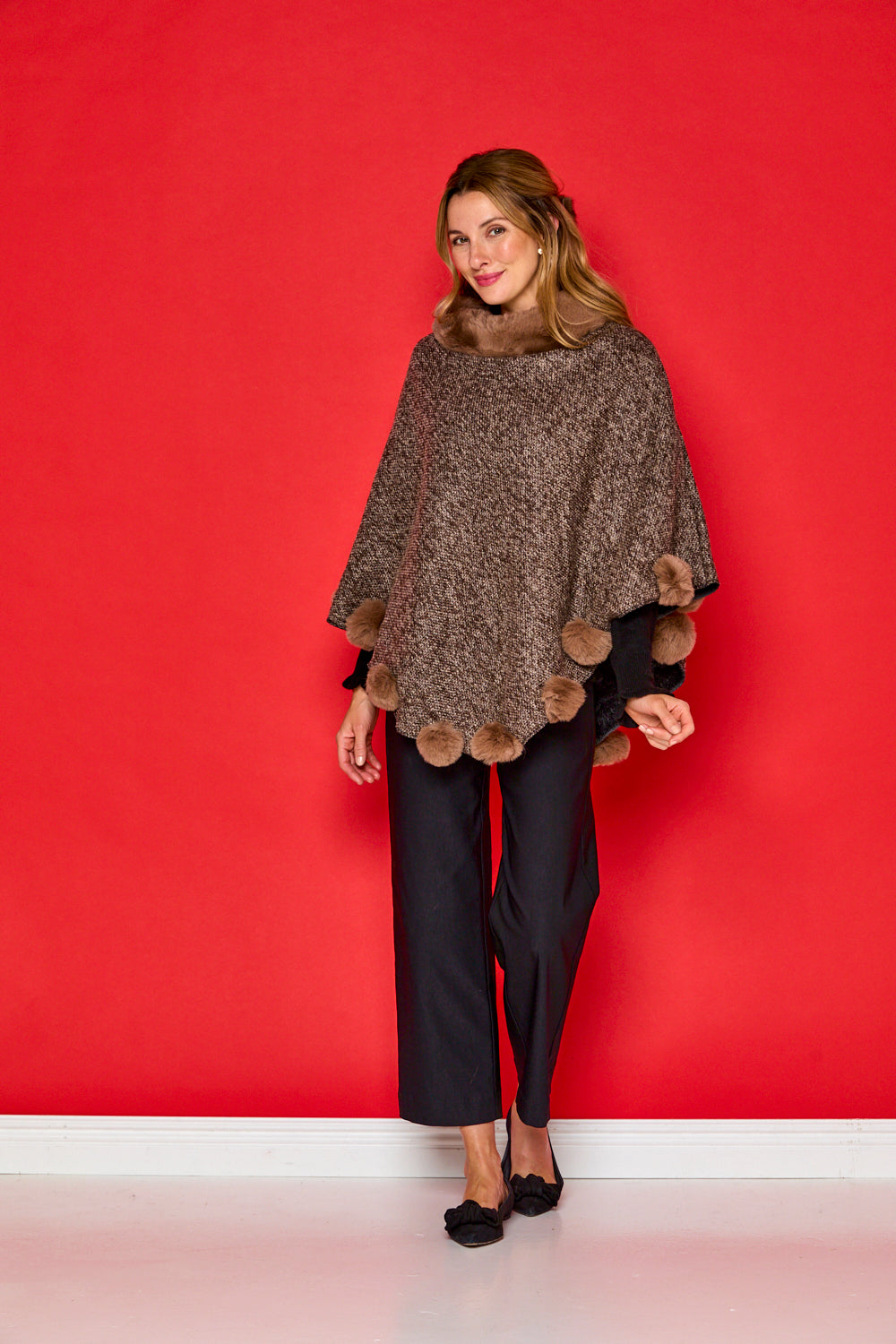 Posey Faux Fur Pom Pom Poncho