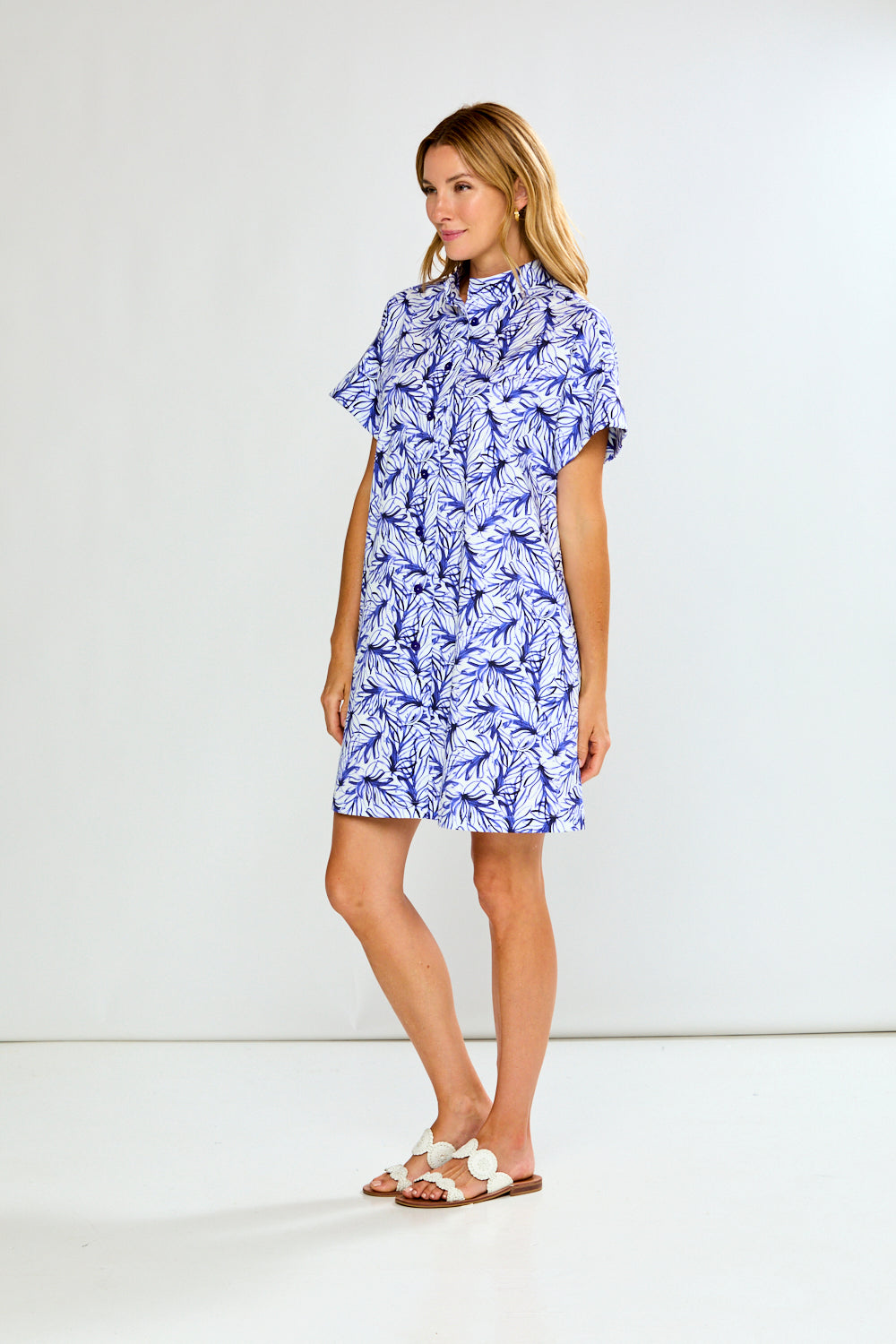 Woman wearing a blue and white patterned dress on a white background