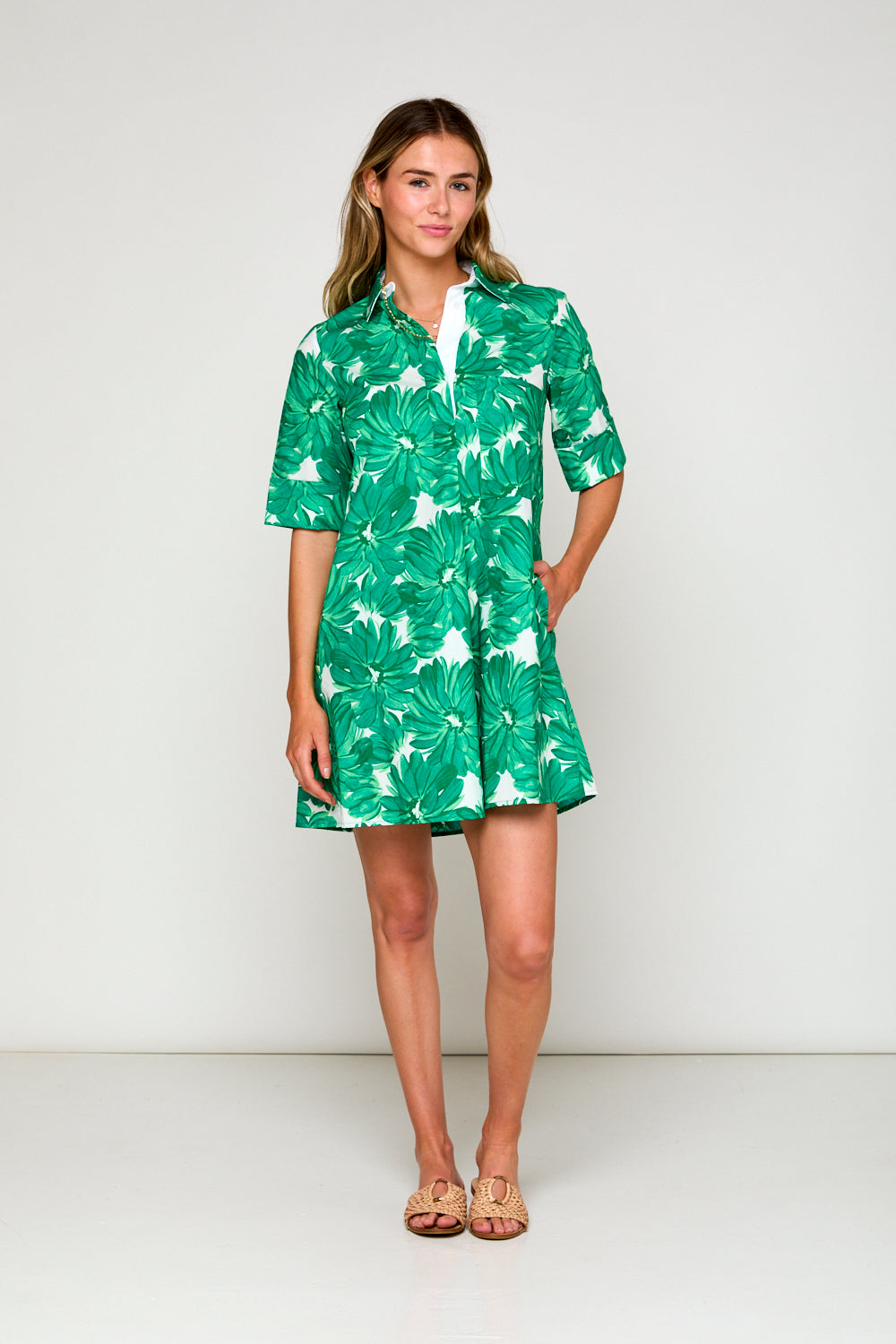 Woman in garden print dress