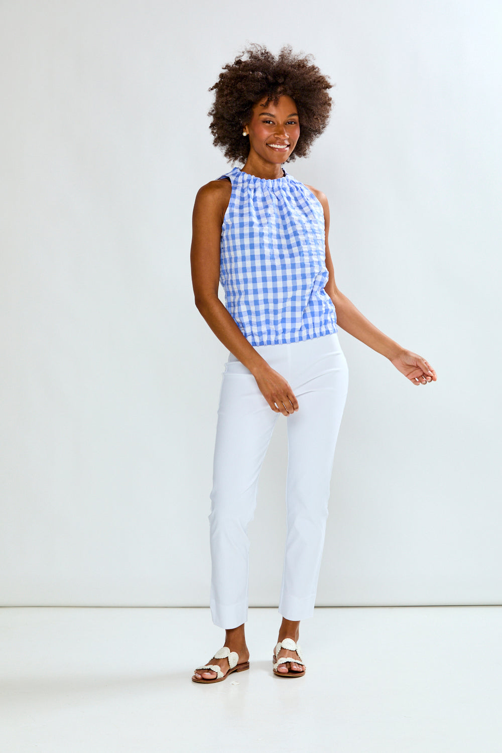 Woman in gingham top