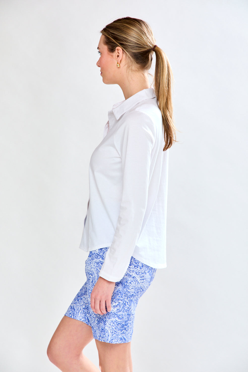 Woman in blue printed short 