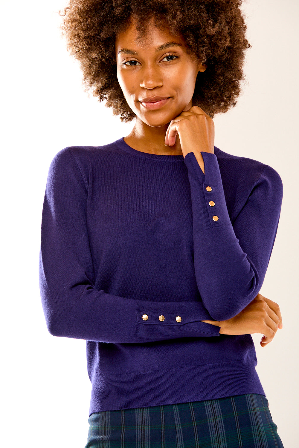 Crew Pullover With Button Cuff Slit in Navy