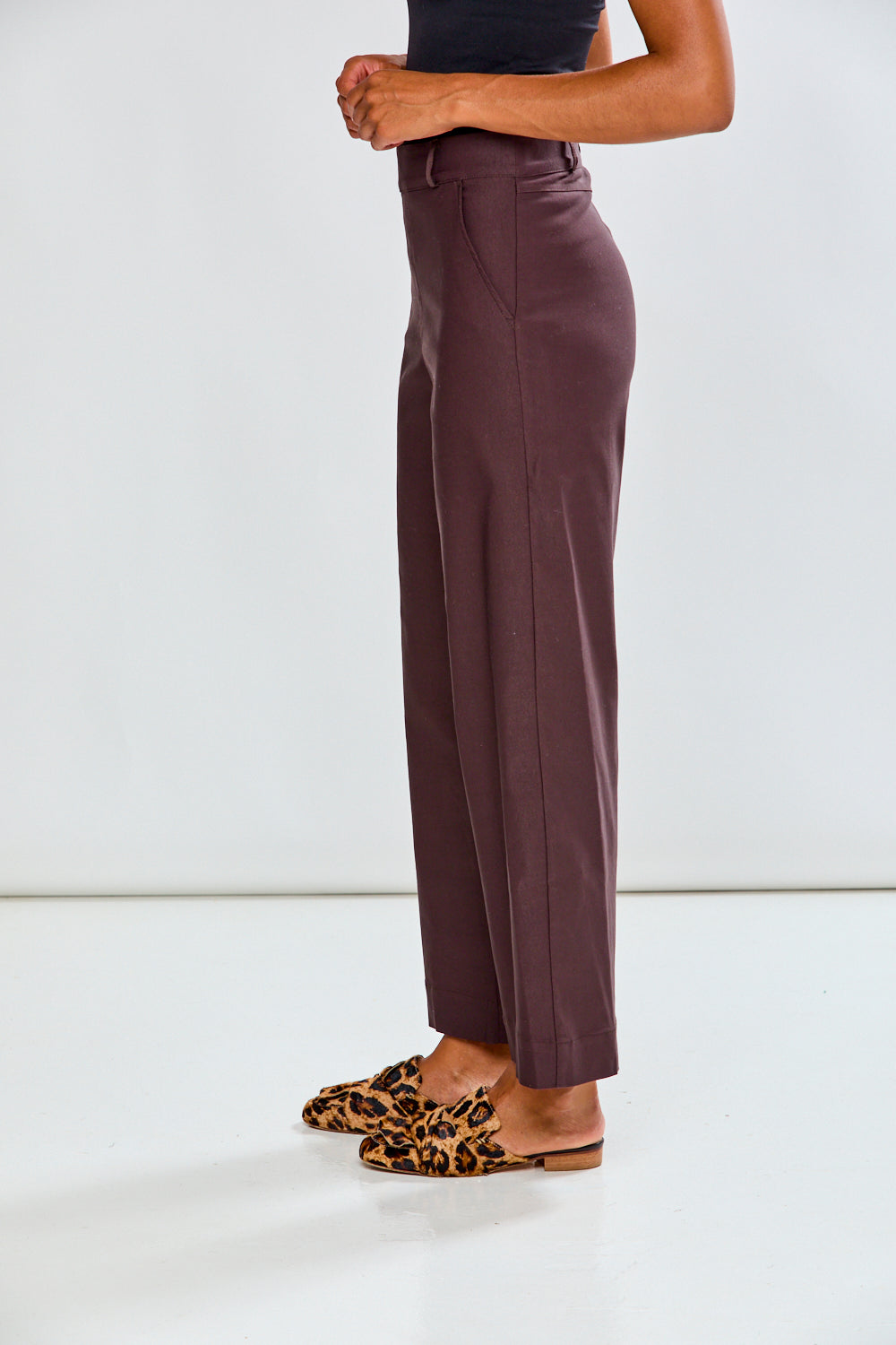 Woman in espresso wide leg pant