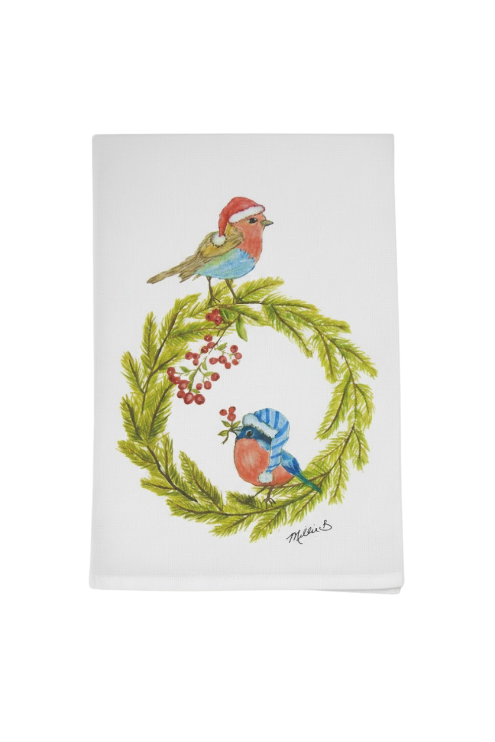 Tea towel with Christmas-themed design of birds and a wreath on a white background
