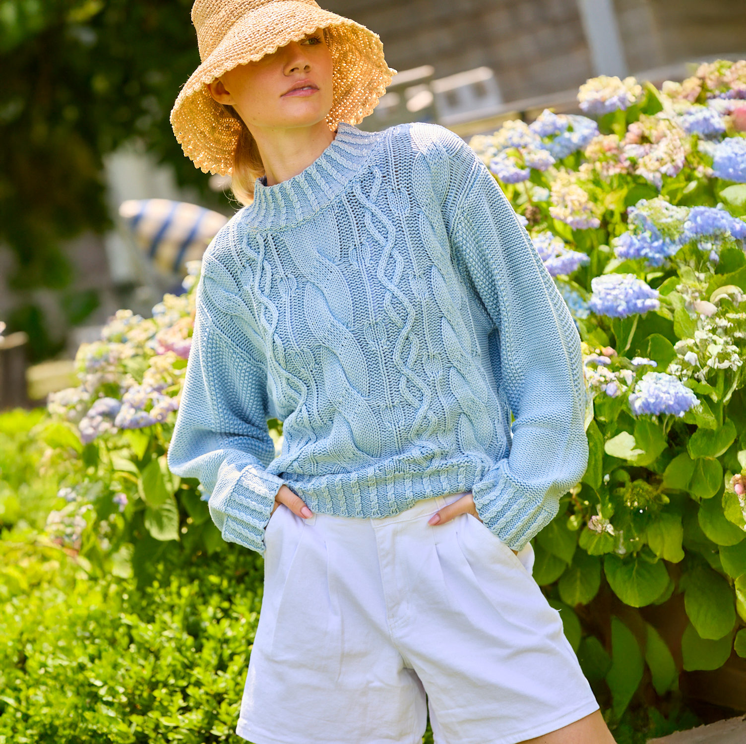 Woman wearing a blue sweater