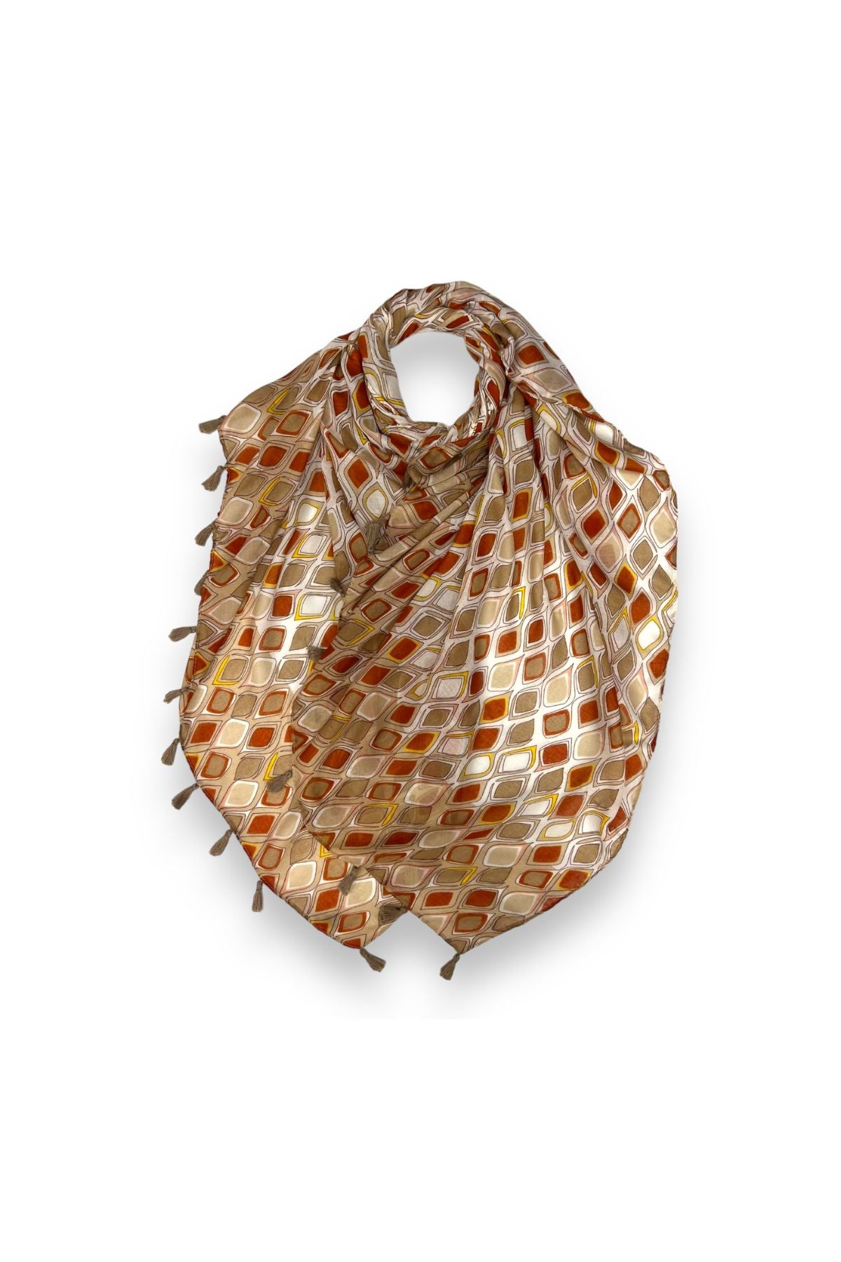 Beige diamond pattern scarf with tassels