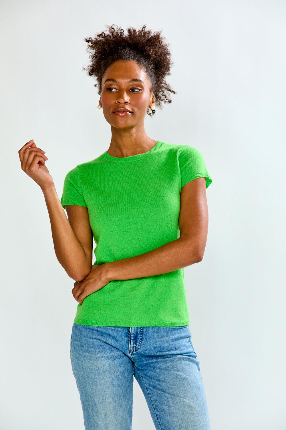 woman in green t-shirt