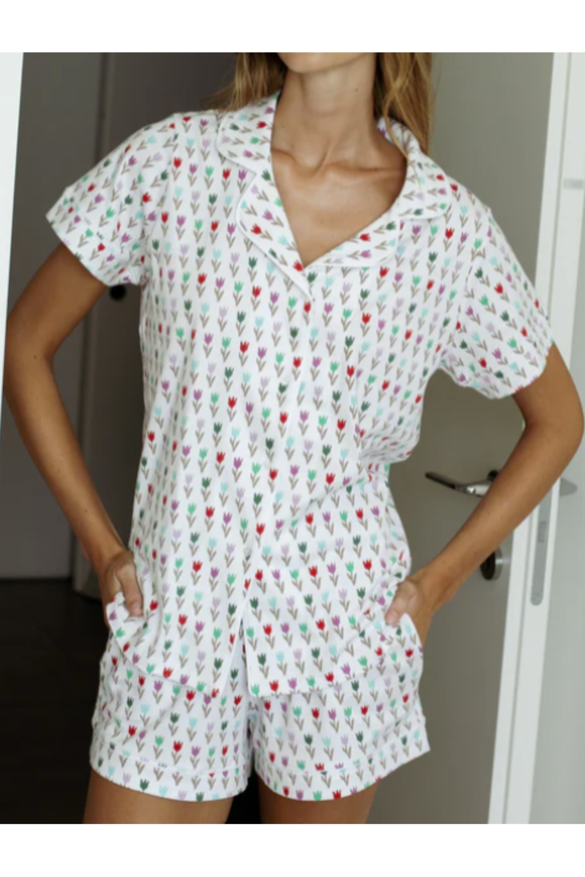 Woman in tulip short pajama set