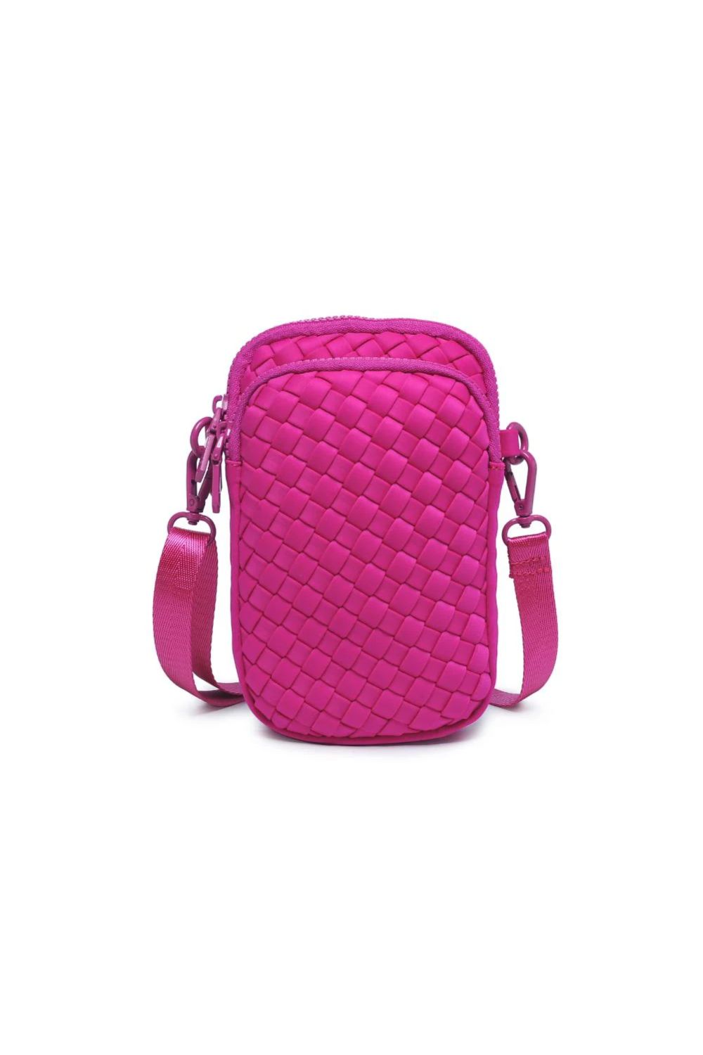  fuchsia quilted crossbody bag on a white background