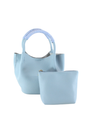 Light blue handbag with matching pouch on a white background